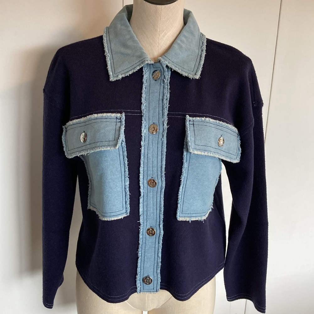 NEW—Nannette Navy Knit & Denim Trim Jacket